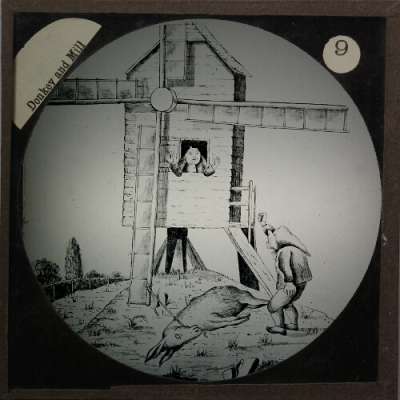 Lantern Slide: The mill stops, but the donkey is dead. He vows vengeance