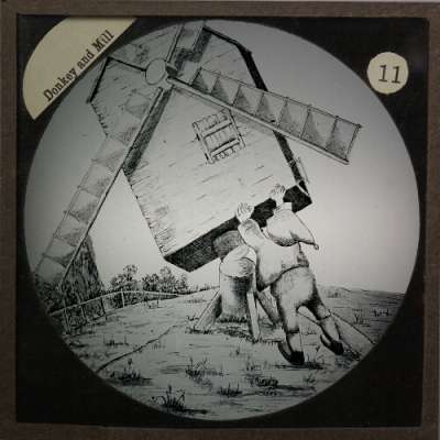 Lantern Slide: Crack, crack, and at last over goes the mill and miller