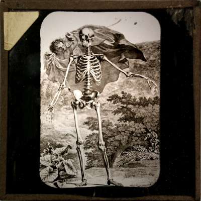 Lantern Slide: Engraving of cherub and skeleton