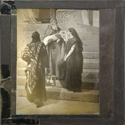 Lantern Slide: Two women with old man holding baby
