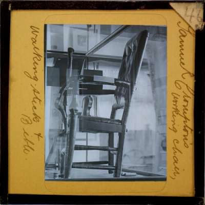 Lantern Slide: Samuel Crompton's working chair, walking stick and Bible
