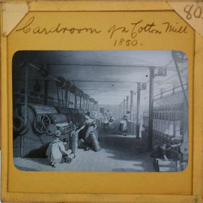 Lantern Slide: Cardroom of a Cotton Mill, 1850