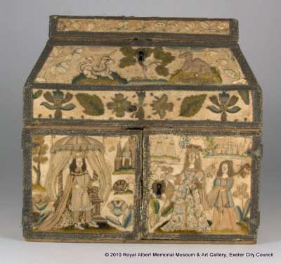 cabinet and writing case [covered with raised embroidery]; stumpwork casket