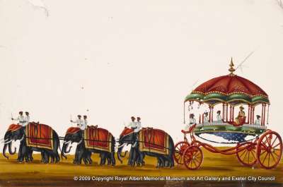 Raja of Malayam in a carriage pulled by elephants