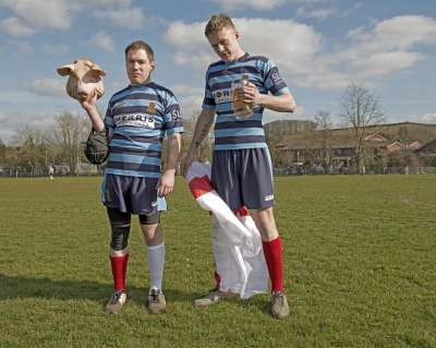Touch-Line: Tom Breakell and Craig Dixon - Shrewsbury RUFC with mascot 'Babe' Crediton Rugby Club match