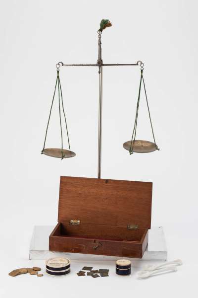 hand held scales in box, apothecary