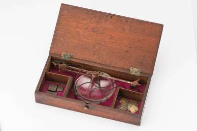 hand held scales in box, apothecary