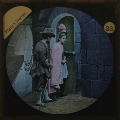 Lantern Slide: Christian and Hopeful escape from the Dungeon