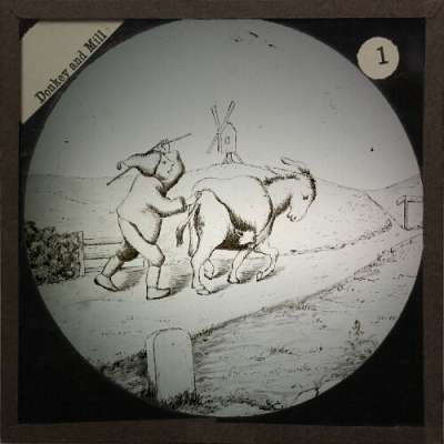 Lantern Slide: The peasant and his donkey hasten to the mill