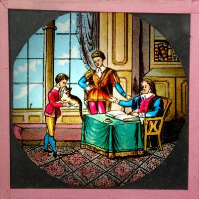 Lantern Slide: The merchant could hardly restrain a smile when Dick walked in with his cat
