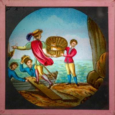 Lantern Slide: Dick went down to the wharf with Pussy, packed in a neat comfortable basket