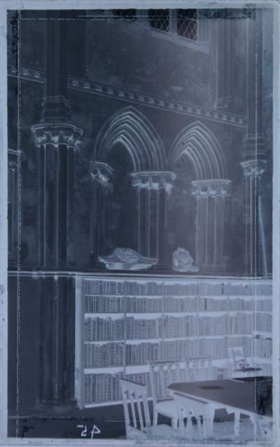 glass plate negative, Exeter Cathedral, Chapter House with library