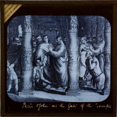 Lantern Slide: Peter and John healing the Lame man at the Beautiful Gate of the Temple
