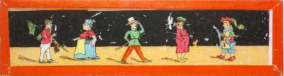 Lantern Slide: Five figures walking in various costumes