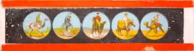 Lantern Slide: Five men riding animals and bicycle