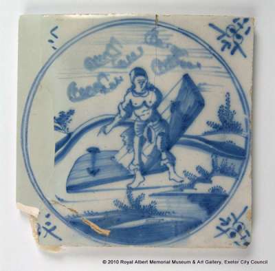 Delftware tile, Samson carrying doors