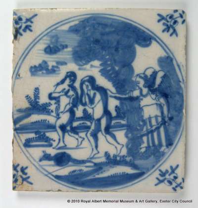 Delftware tile, the expulsion of Adam and Eve from the Garden of Eden