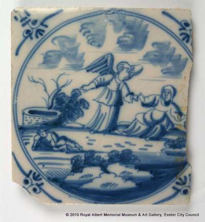 Delftware tile, Hagar, child and the angel creating a well
