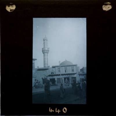 Lantern Slide: Street scene with minaret in background