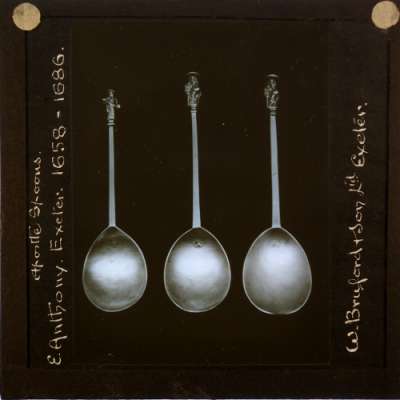 Lantern Slide: Apostle Spoons made by E. Anthony, Exeter 1658-1686
