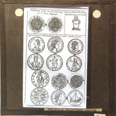 Lantern Slide: Drawings of old coins found in Exeter